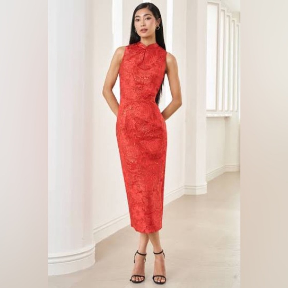 Yumi Kim Red Lace Midi Qipao Chinese Style Dress